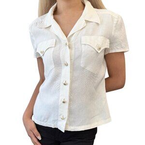 CHANEL Vintage 97P CC Logo Button Linen Shirt Top # Short Sleeve White [106254]